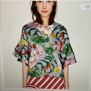 Zara Striped Tropical Floral Ruffle Sleeve Top